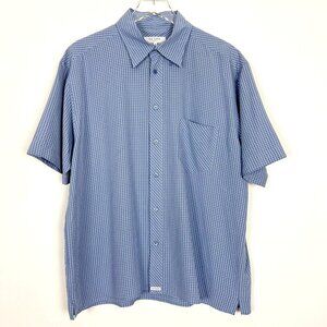Ted Baker Camp Shirt Mens L Blue Butter Yellow Checkered Print Short Sleeve